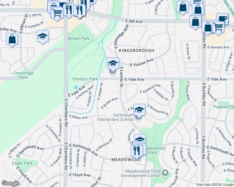 map of restaurants, bars, coffee shops, grocery stores, and more near 15864 East Amherst Place in Aurora