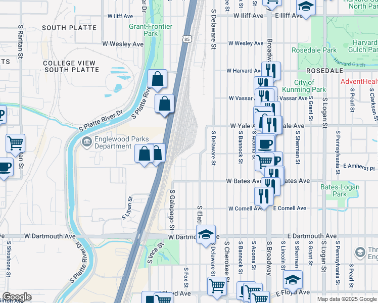 map of restaurants, bars, coffee shops, grocery stores, and more near 2801 South Elati Street in Englewood