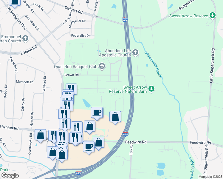 map of restaurants, bars, coffee shops, grocery stores, and more near 4401 Feedwire Road in Dayton