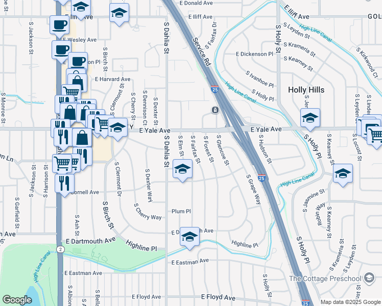 map of restaurants, bars, coffee shops, grocery stores, and more near 2819 South Fairfax Street in Denver