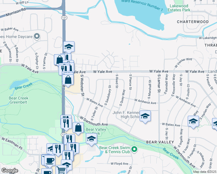 map of restaurants, bars, coffee shops, grocery stores, and more near 2753 South Saulsbury Street in Denver