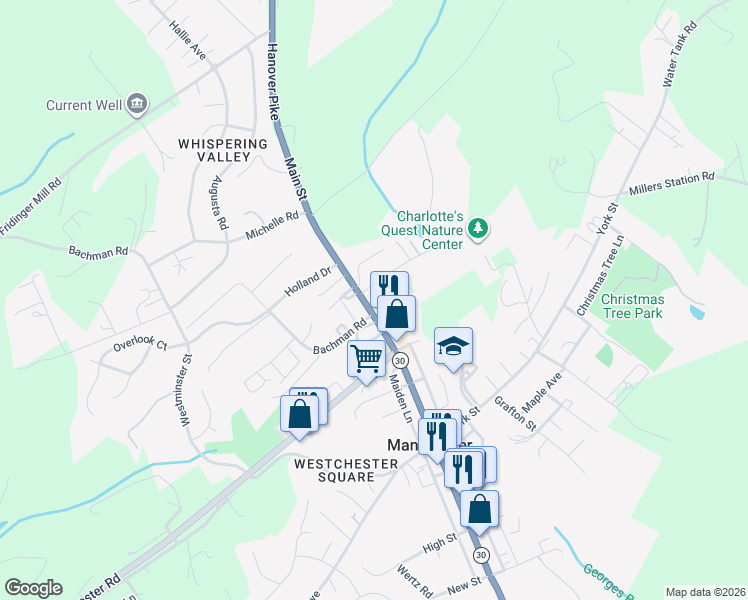 map of restaurants, bars, coffee shops, grocery stores, and more near 3377 Main Street in Manchester