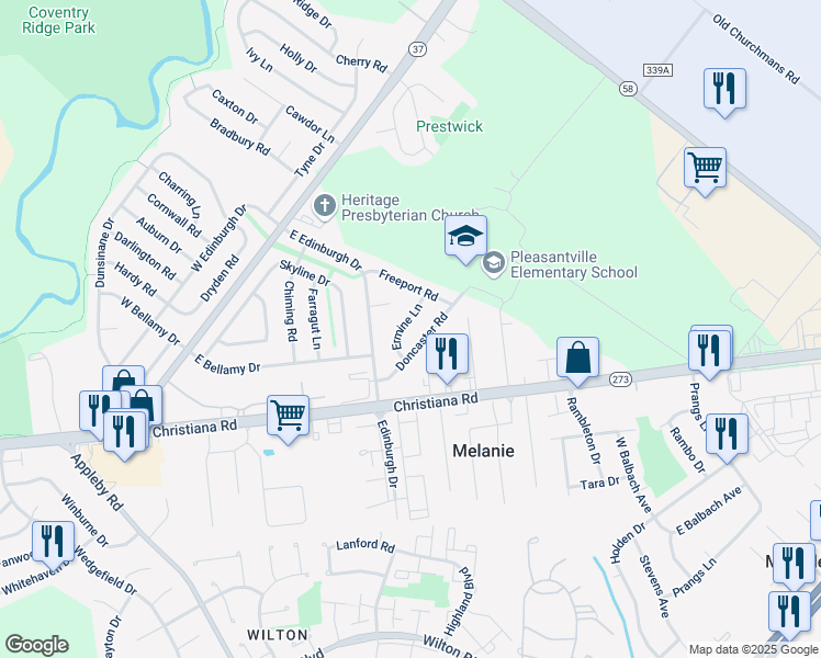 map of restaurants, bars, coffee shops, grocery stores, and more near 10 Ermine Lane in New Castle