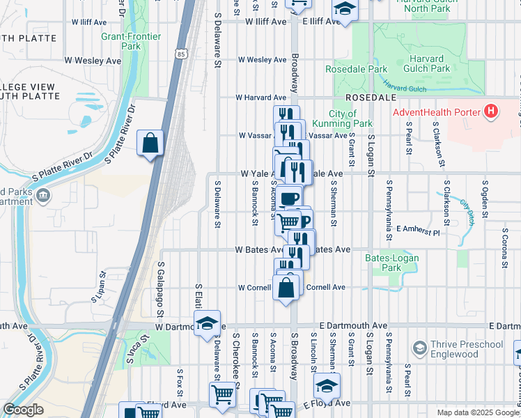 map of restaurants, bars, coffee shops, grocery stores, and more near 125 West Amherst Avenue in Englewood