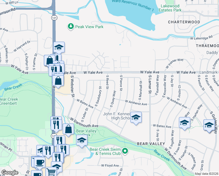 map of restaurants, bars, coffee shops, grocery stores, and more near 2750 South Reed Street in Denver