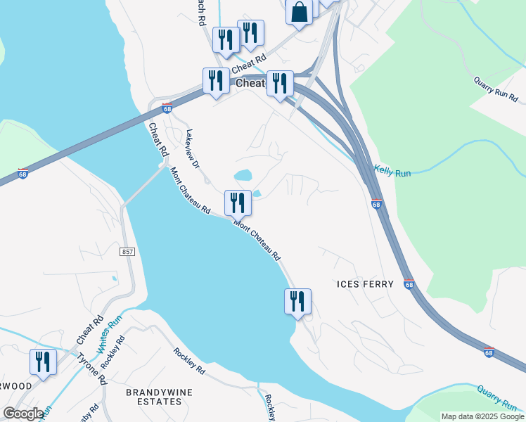 map of restaurants, bars, coffee shops, grocery stores, and more near 1 Lakeview Drive in Morgantown