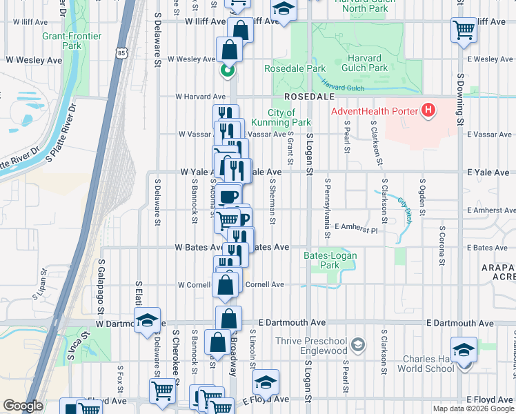 map of restaurants, bars, coffee shops, grocery stores, and more near 2791 South Lincoln Street in Englewood