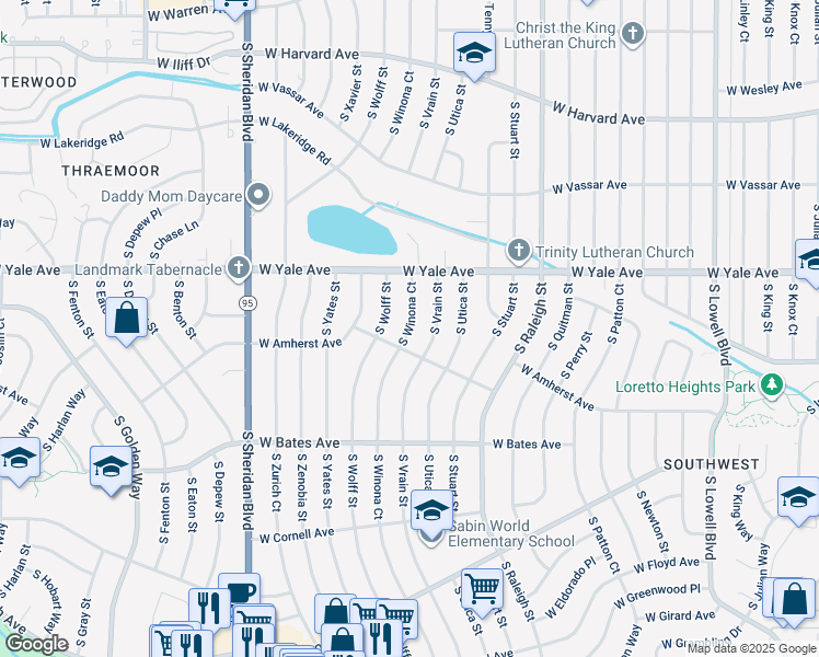 map of restaurants, bars, coffee shops, grocery stores, and more near 2772 South Winona Court in Denver