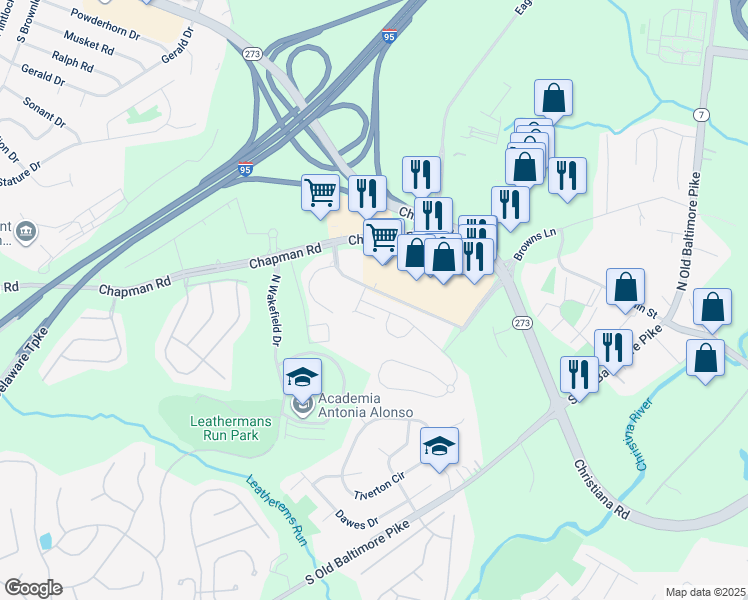 map of restaurants, bars, coffee shops, grocery stores, and more near 409 Jacobsen Drive in Newark