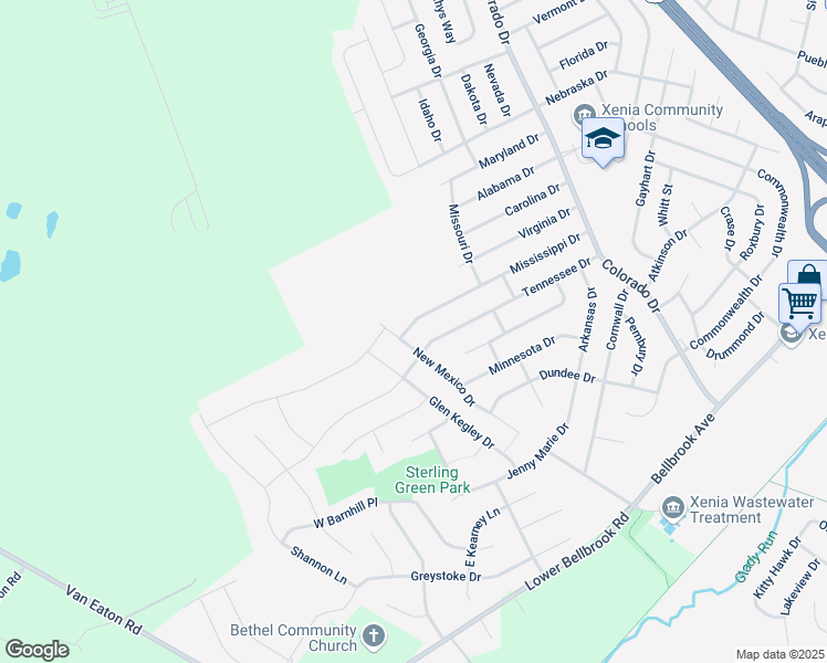 map of restaurants, bars, coffee shops, grocery stores, and more near 2497 Mississippi Dr in Xenia