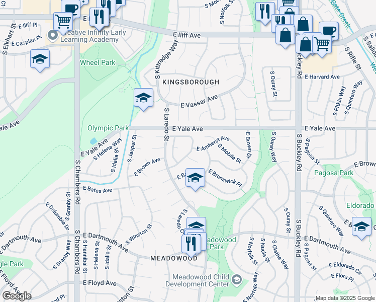 map of restaurants, bars, coffee shops, grocery stores, and more near 16243 East Brunswick Drive in Aurora