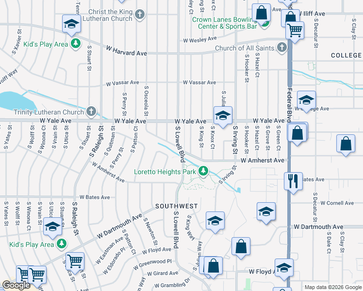 map of restaurants, bars, coffee shops, grocery stores, and more near 2790 South Lowell Boulevard in Denver