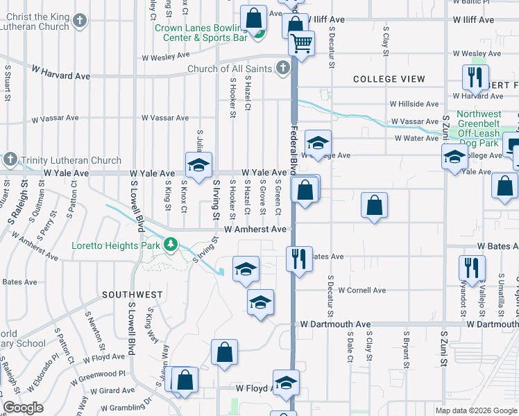 map of restaurants, bars, coffee shops, grocery stores, and more near 2765 South Grove Street in Denver