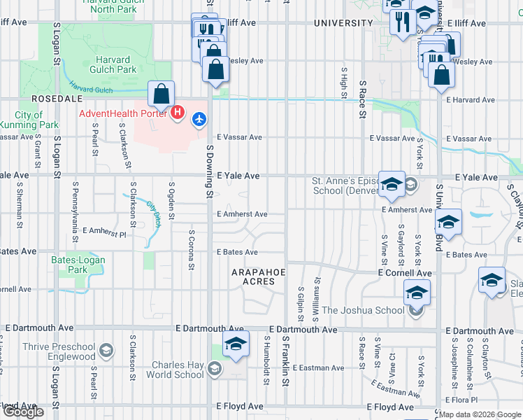 map of restaurants, bars, coffee shops, grocery stores, and more near 2775 South Humboldt Street in Denver