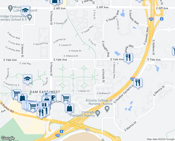 map of restaurants, bars, coffee shops, grocery stores, and more near 12457 East Amherst Circle in Aurora
