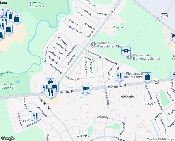 map of restaurants, bars, coffee shops, grocery stores, and more near 12 Chiming Road in New Castle