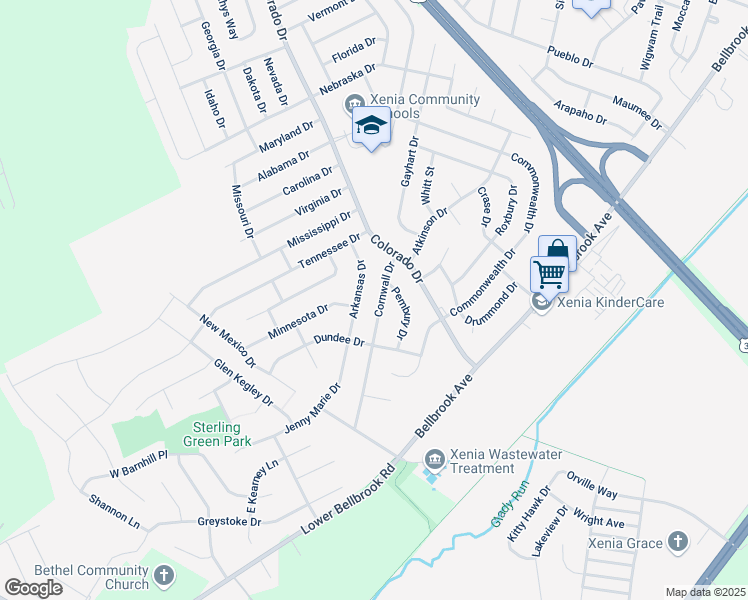 map of restaurants, bars, coffee shops, grocery stores, and more near 2252 Cornwall Drive in Xenia