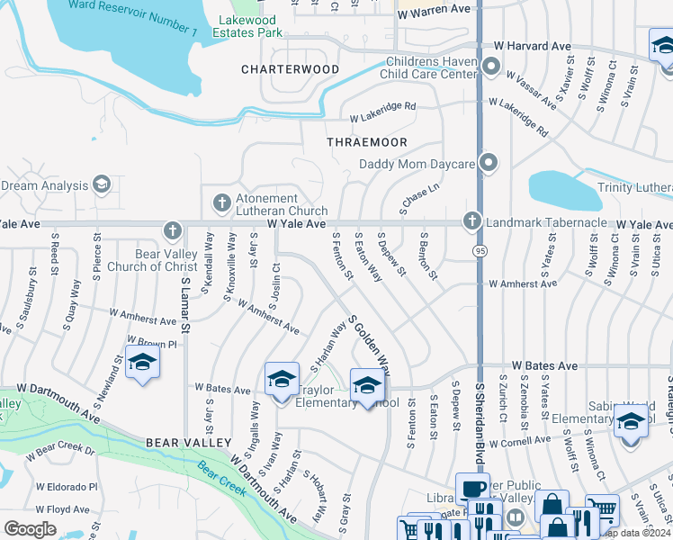 map of restaurants, bars, coffee shops, grocery stores, and more near 2725 South Fenton Street in Denver