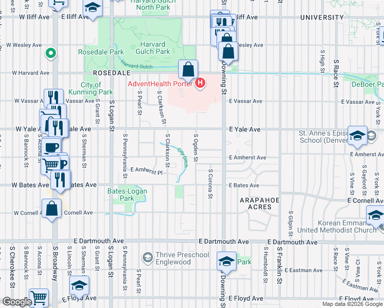 map of restaurants, bars, coffee shops, grocery stores, and more near 2791 South Ogden Street in Englewood