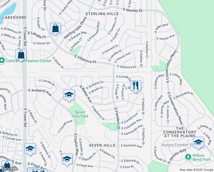 map of restaurants, bars, coffee shops, grocery stores, and more near 19531 East Brown Drive in Aurora