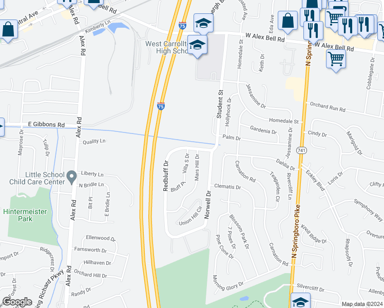 map of restaurants, bars, coffee shops, grocery stores, and more near 1601 Mars Hill Drive in West Carrollton