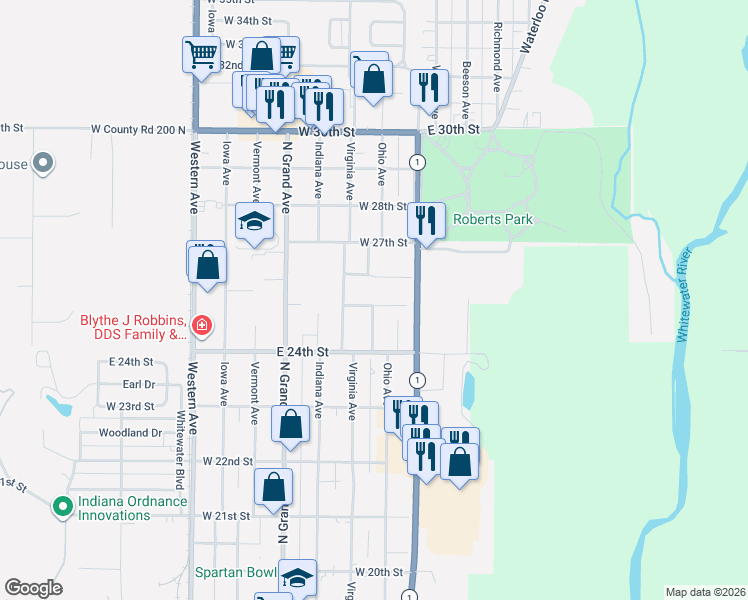 map of restaurants, bars, coffee shops, grocery stores, and more near 208 West 25th Street in Connersville
