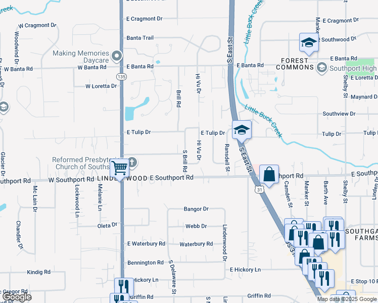 map of restaurants, bars, coffee shops, grocery stores, and more near 6846 Hi Vu Drive in Indianapolis