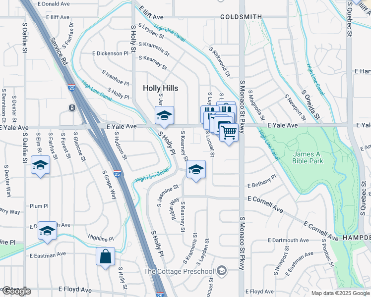 map of restaurants, bars, coffee shops, grocery stores, and more near 2840 South Kearney Street in Denver