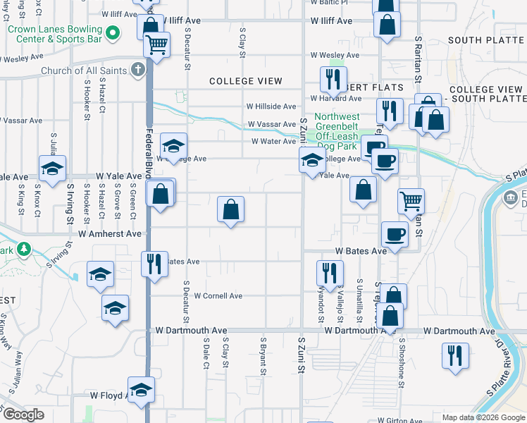 map of restaurants, bars, coffee shops, grocery stores, and more near 2767 South Bryant Street in Denver