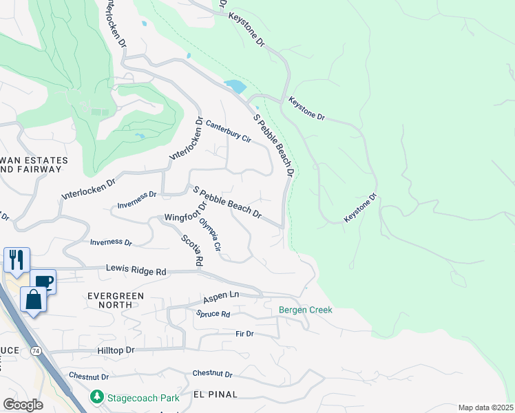 map of restaurants, bars, coffee shops, grocery stores, and more near 2718 Olympia Circle in Evergreen