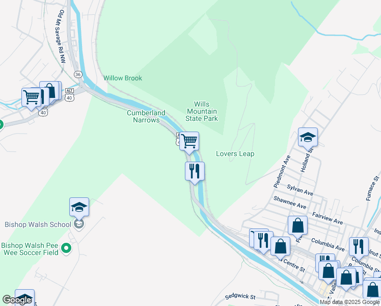 map of restaurants, bars, coffee shops, grocery stores, and more near 10325 National Highway Southwest in Cumberland