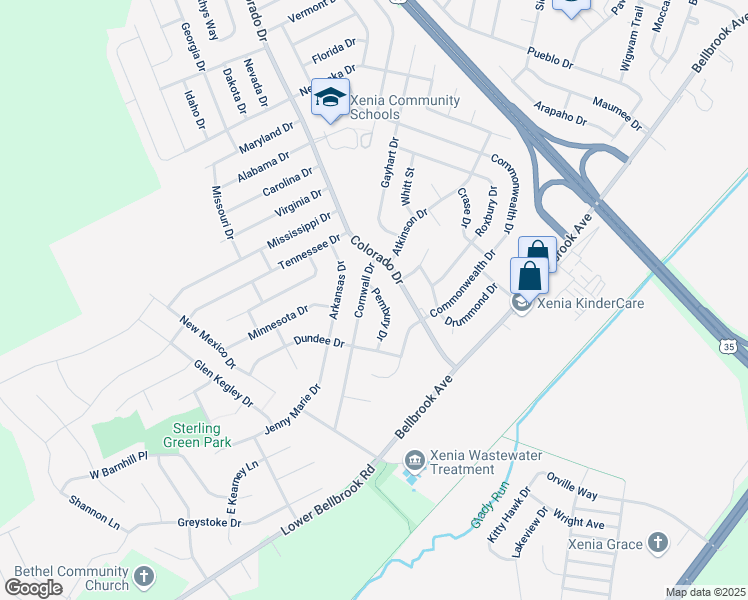 map of restaurants, bars, coffee shops, grocery stores, and more near 2252 Cornwall Drive in Xenia