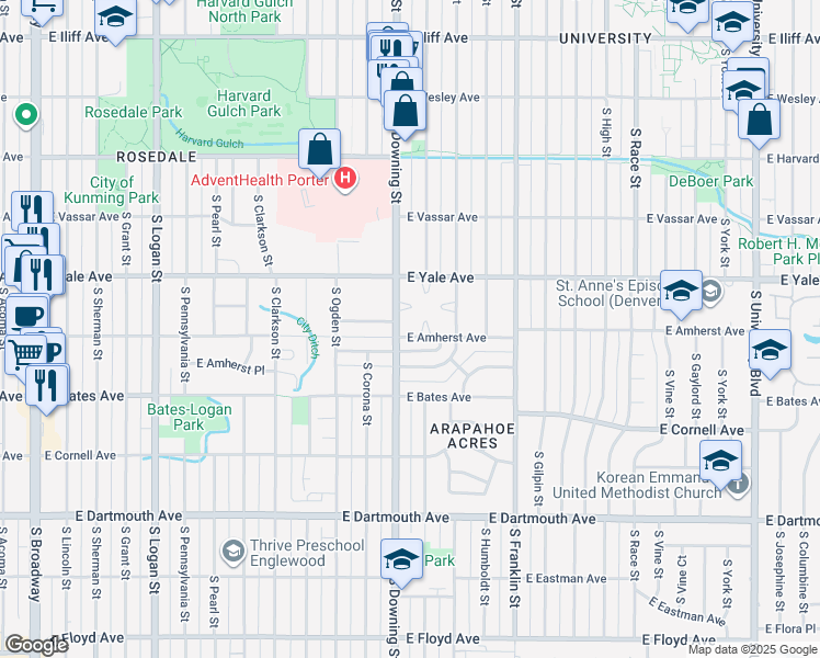 map of restaurants, bars, coffee shops, grocery stores, and more near 1309 East Amherst Avenue in Denver