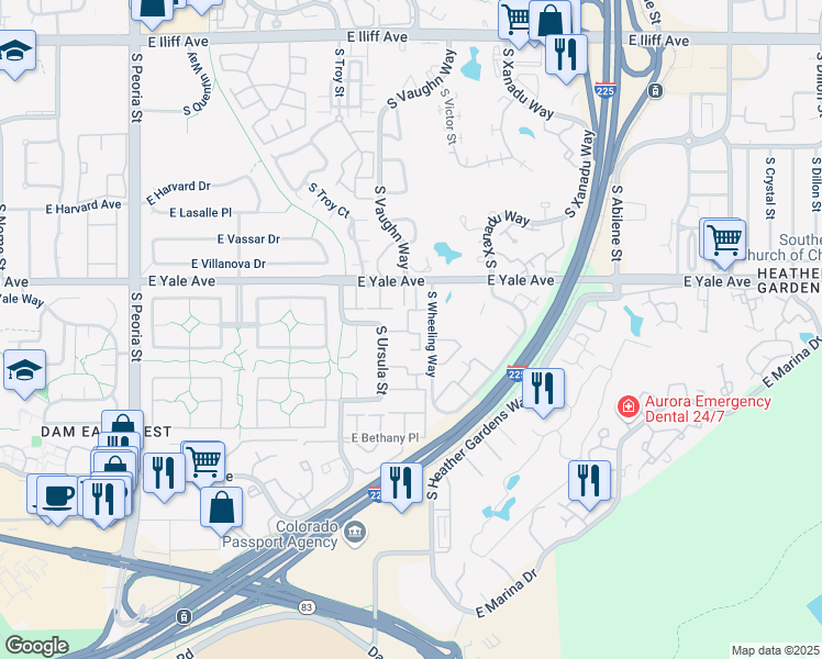 map of restaurants, bars, coffee shops, grocery stores, and more near 13281 East Amherst Avenue in Aurora