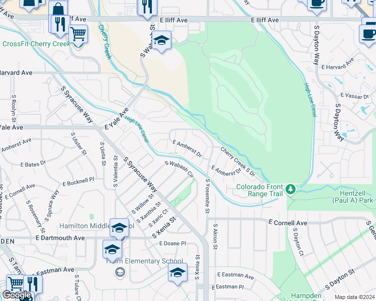 map of restaurants, bars, coffee shops, grocery stores, and more near in Denver