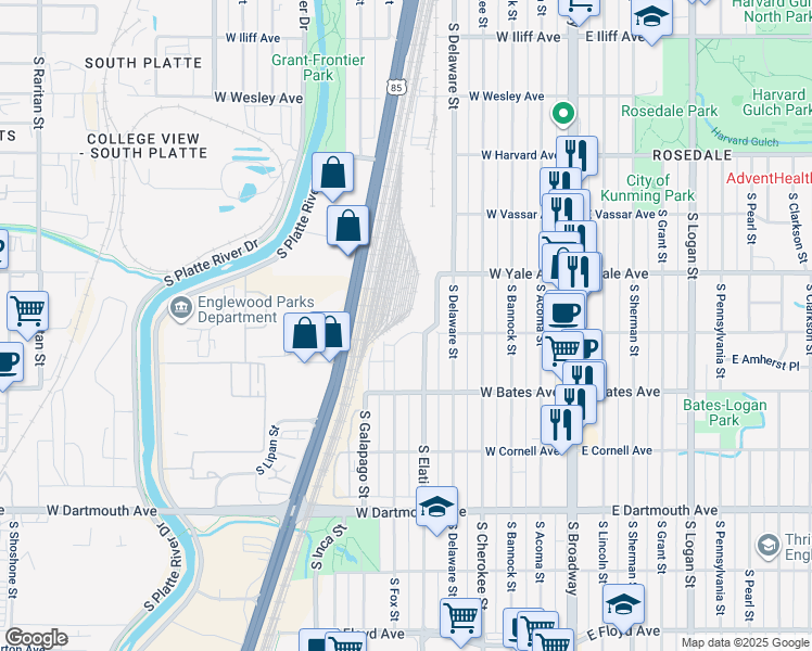 map of restaurants, bars, coffee shops, grocery stores, and more near 2801 South Elati Street in Englewood