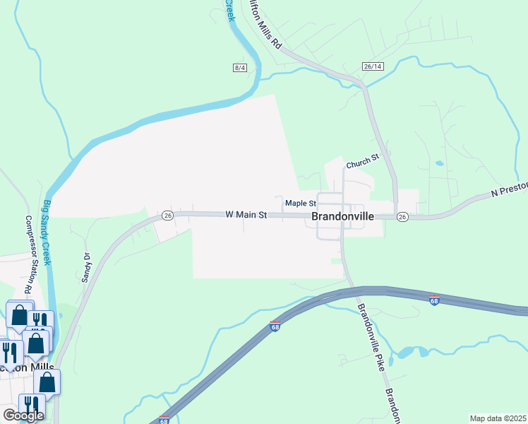 map of restaurants, bars, coffee shops, grocery stores, and more near Main St in Brandonville