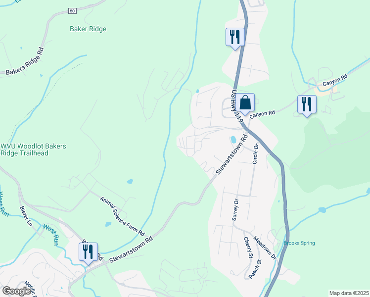map of restaurants, bars, coffee shops, grocery stores, and more near 1021 Pinnacle Height Drive in Morgantown
