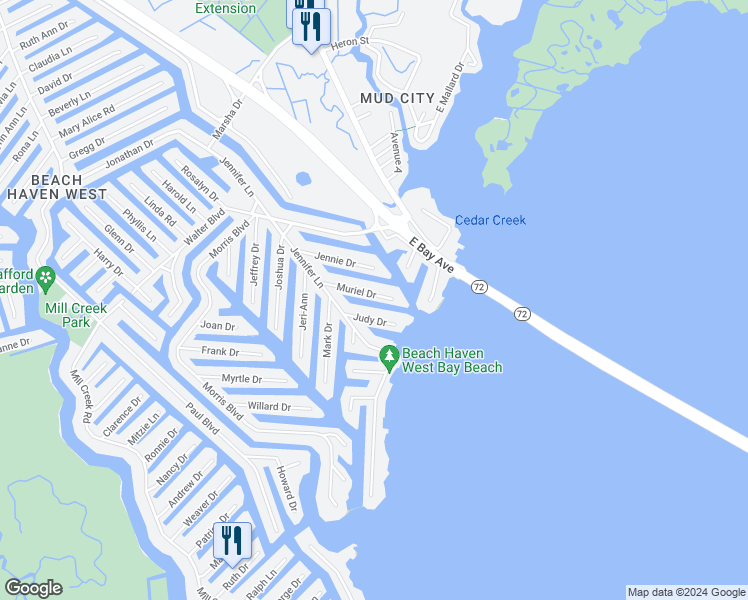 map of restaurants, bars, coffee shops, grocery stores, and more near 51 Muriel Drive in Stafford Township