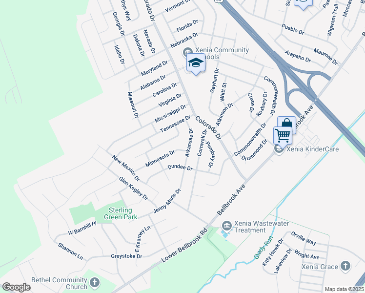 map of restaurants, bars, coffee shops, grocery stores, and more near 2104 Minnesota Drive in Xenia