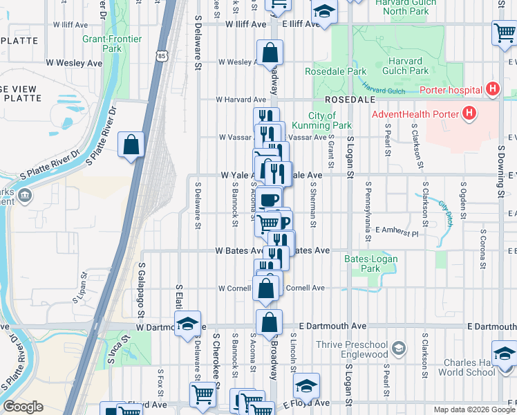 map of restaurants, bars, coffee shops, grocery stores, and more near 2795 South Broadway in Englewood