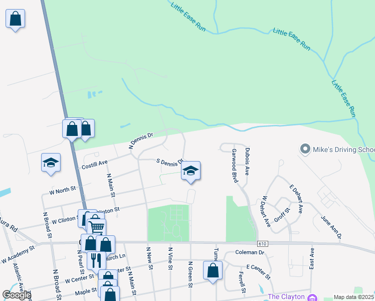 map of restaurants, bars, coffee shops, grocery stores, and more near 142 South Dennis Drive in Clayton