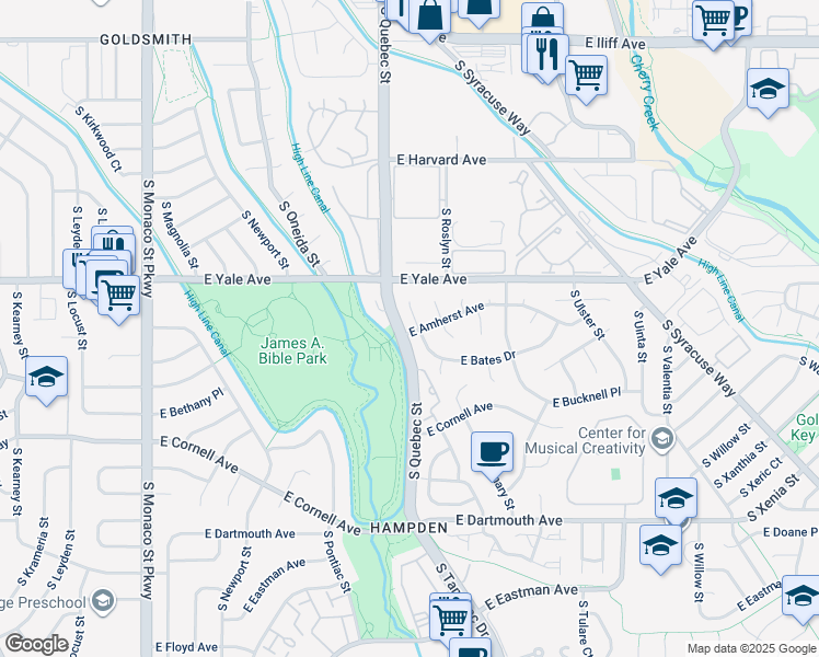 map of restaurants, bars, coffee shops, grocery stores, and more near 7535 East Amherst Avenue in Denver