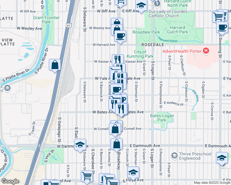 map of restaurants, bars, coffee shops, grocery stores, and more near 2795 South Broadway in Englewood