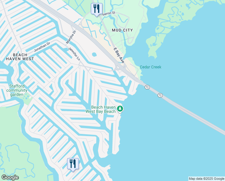 map of restaurants, bars, coffee shops, grocery stores, and more near 47 Muriel Drive in Stafford Township
