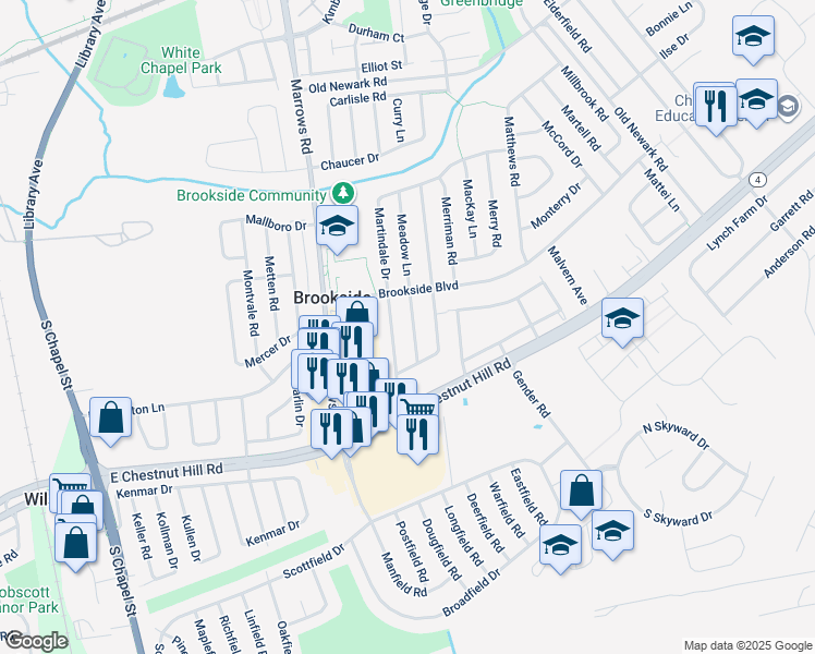 map of restaurants, bars, coffee shops, grocery stores, and more near 13 Meadow Lane in Newark