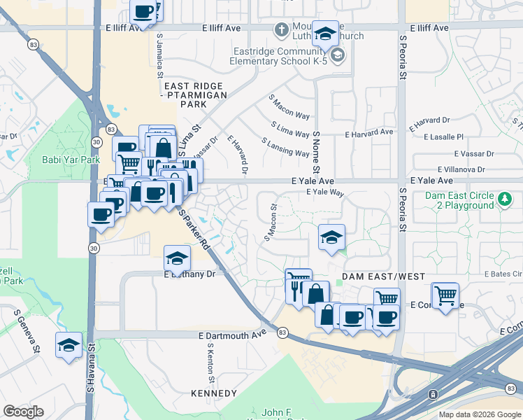 map of restaurants, bars, coffee shops, grocery stores, and more near 2792 South Macon Circle in Aurora