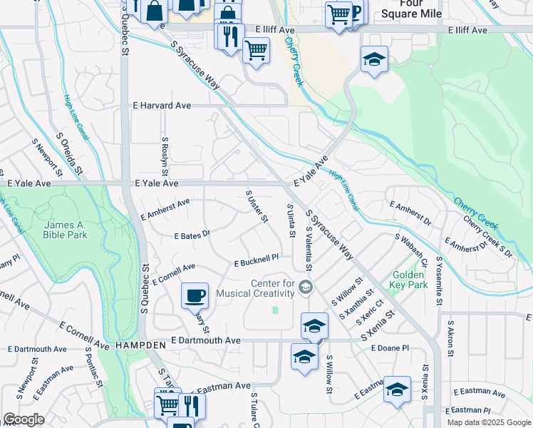 map of restaurants, bars, coffee shops, grocery stores, and more near 2920 South Ulster Street in Denver