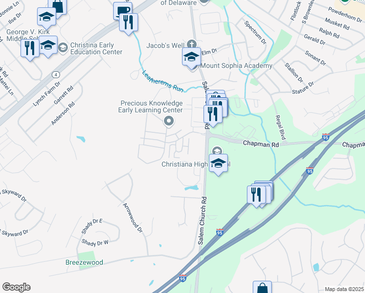 map of restaurants, bars, coffee shops, grocery stores, and more near 581 Oakdale Circle in Newark