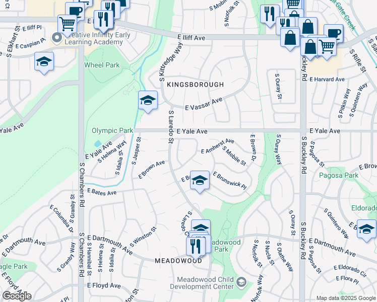 map of restaurants, bars, coffee shops, grocery stores, and more near 16243 East Brunswick Drive in Aurora